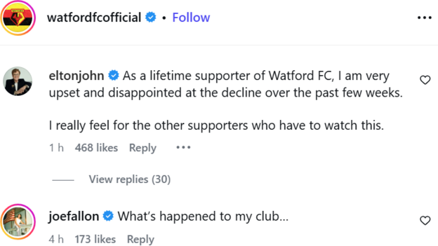 Elton John's response to the club's post on Instagram
